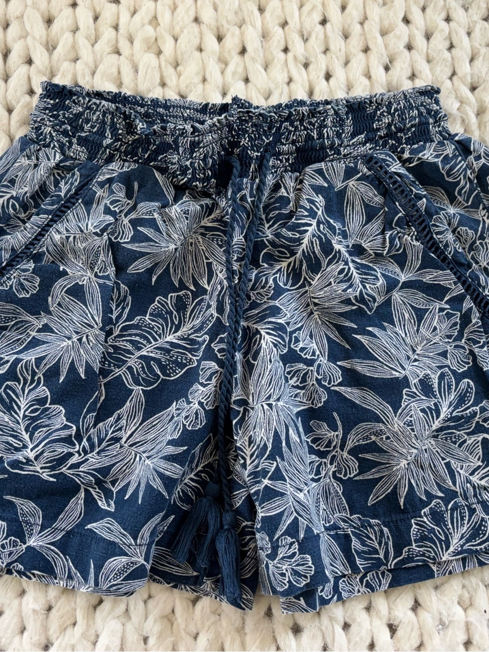 Botanical Coastal Navy Blue Floral Drawstring Shorts